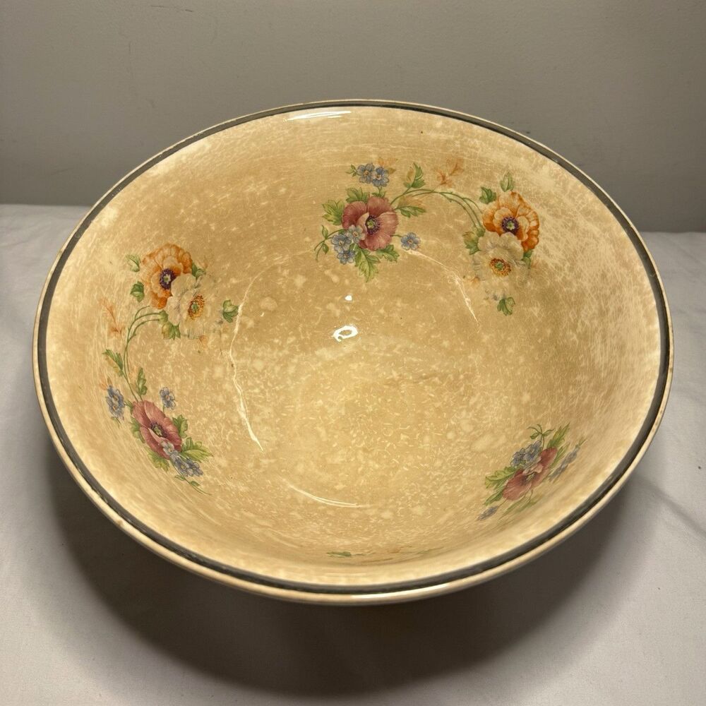 Unmarked Floral Pottery Ceramic Bowl Beige/Multicolor  Pansies Glossy 9 in Round